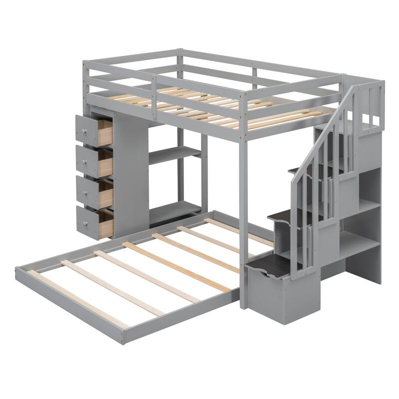 Space-Saving Twin Over Full Bunk Bed with Shelves, Drawers, and Storage Stairs