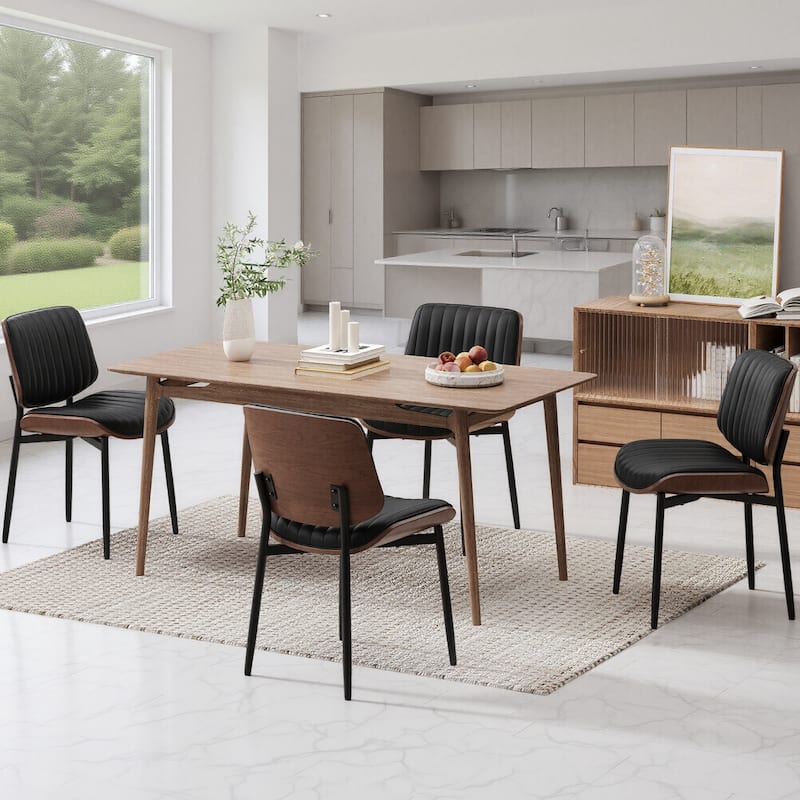 Tapered Metal Leg Dining Chairs - Mid-Century Styled Seating with Button-Tufted PU Leather & Ergonomically Curved Back - Black - Set of 4