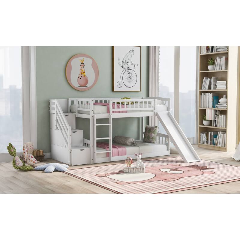 Twin over Twin Bunk Bed with Drawers, Slide and Stairs, White - No Box Spring Needed