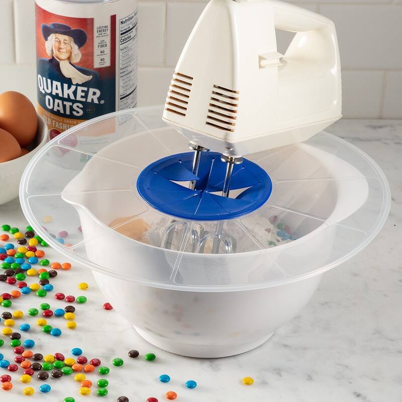 Hutzler 12-Inch Mixing Bowl Splatter Guard, Mixer Splash Shield Bowl Cover - Fits Most Hand-Held and Table Mixers - Blue