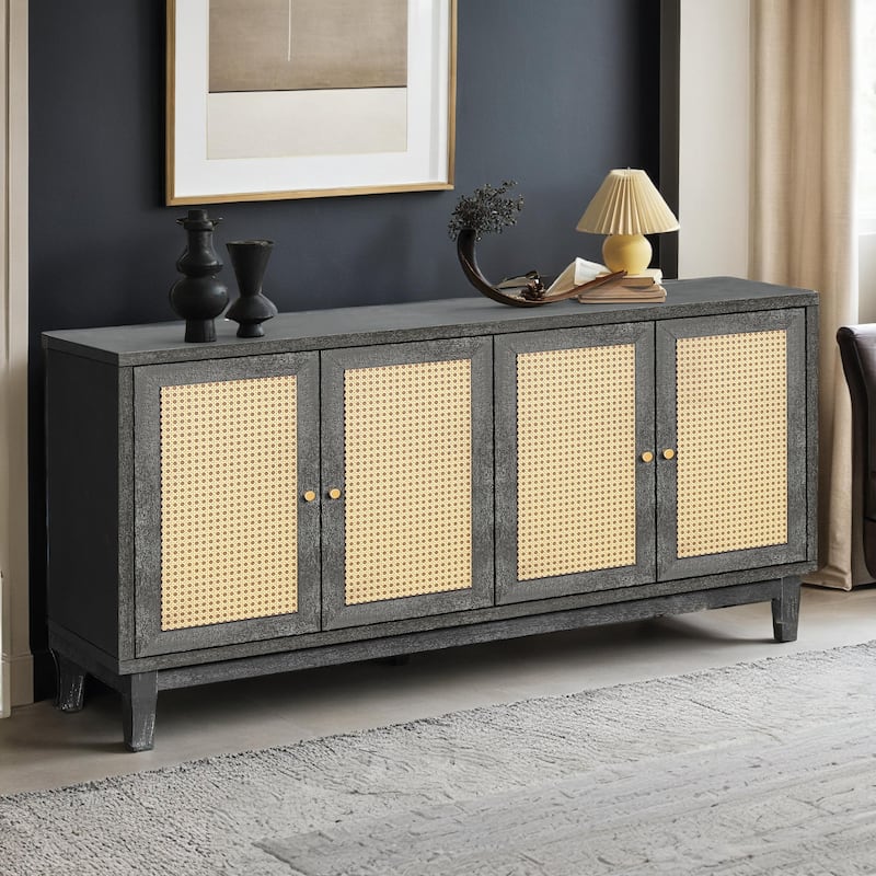 Handcrafted Premium Grain Panels,Rattan Sideboard Buffer Cabinet,Accent Storage Cabinet With 4 Rattan Doors - Antique Dark Grey