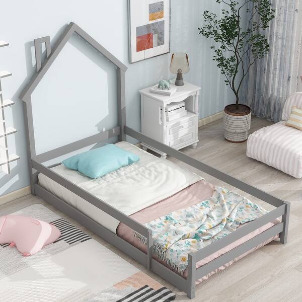 slide 2 of 9, Twin Size Montessori Floor Bed with Fences, Wood Twin Kids Bed Frame Grey - Twin