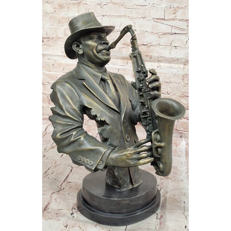 Jazz Saxophone Player Bronze Bust Sculpture On Marble Base