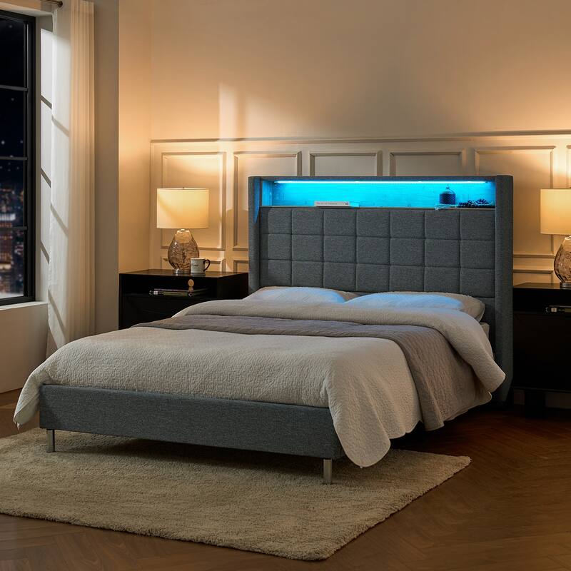 Celia Modern 61.5" Geometric Pattern Bed with Storage Headboard and Warm Night Light by HULALA HOME