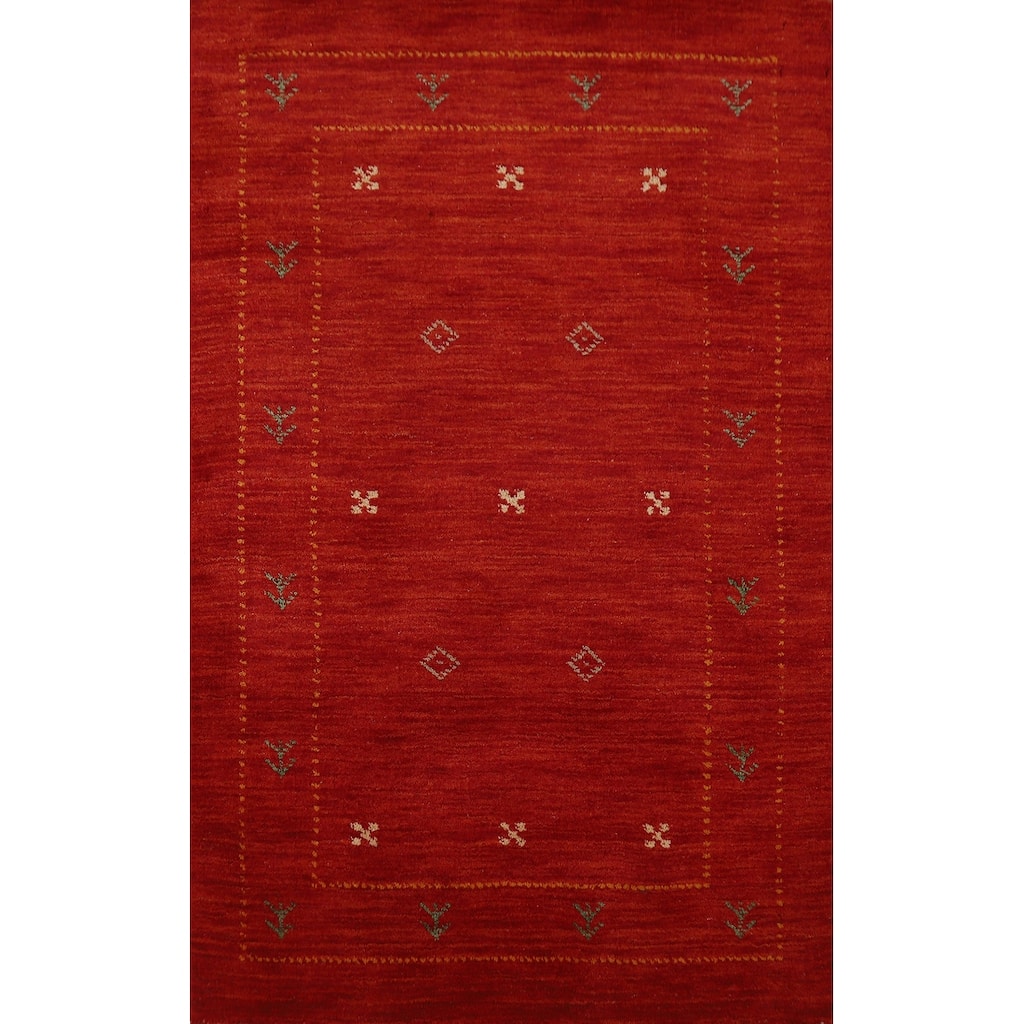 Red Gabbeh Indian Rug Handmade Wool Carpet - 3'2" x 4'11"