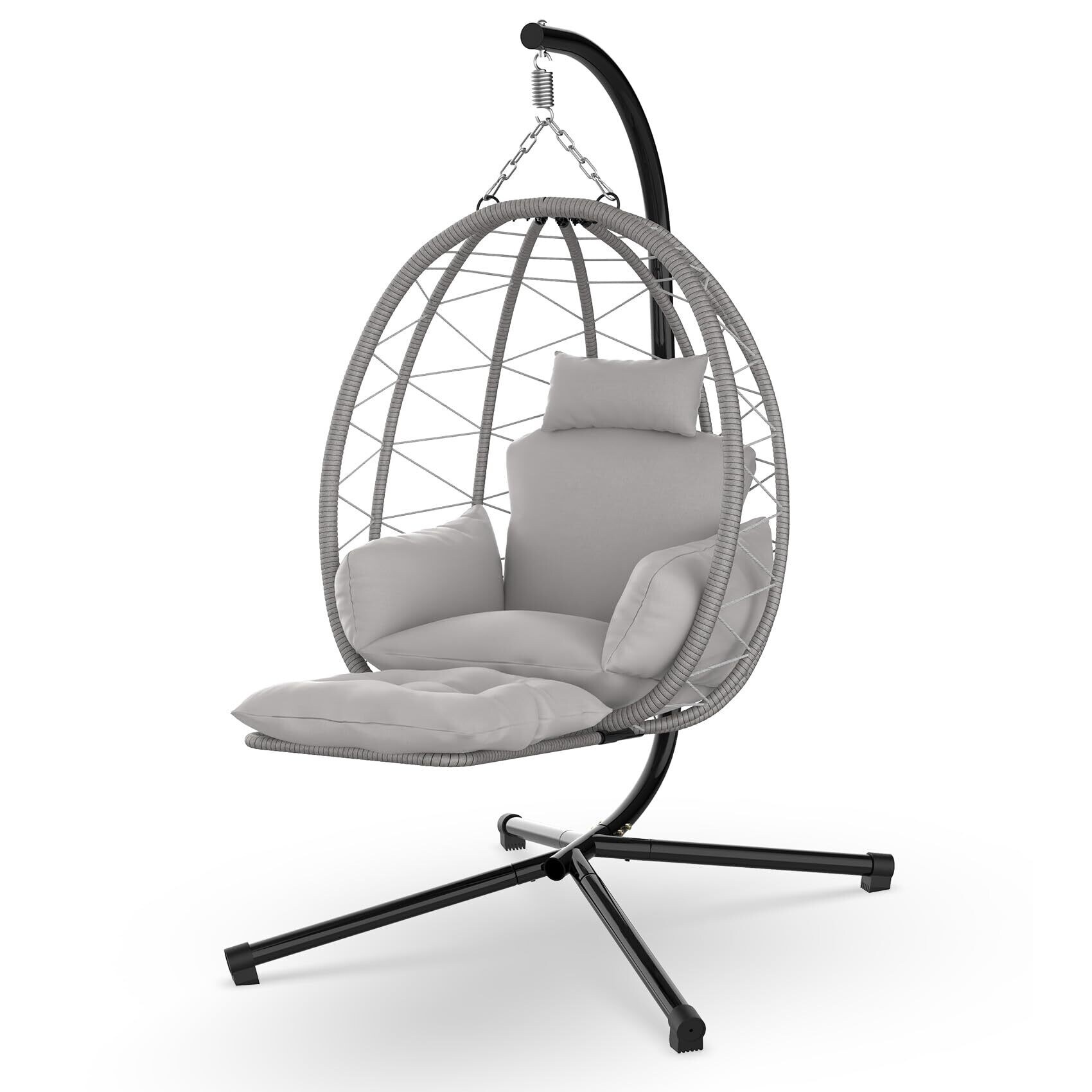 Egg Chair with Stand Leg Rest Rattan Wicker Swing Chair with UV Resistant Cushion and Pillow Patio Hanging Basket Chair Grey