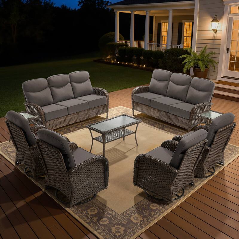Meyreso 9-Piece Wicker Patio Conversation Set with Swivel Gliders and 6-Inch Thick Olefin Cushions