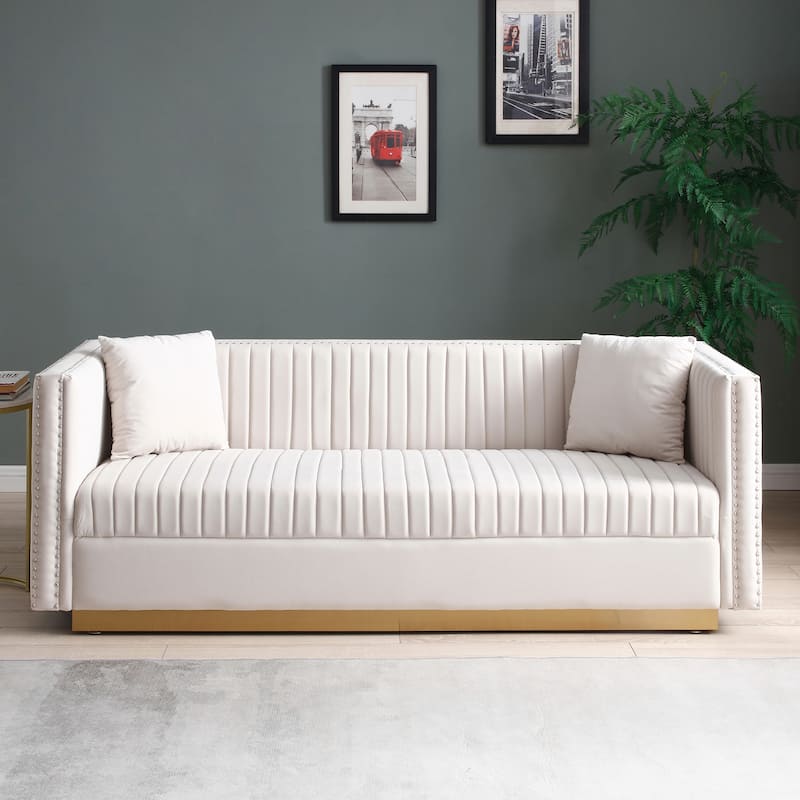 78" Velvet 3-Seater Sofa with Vertical Channel Tufting, Gold Base, Nailhead Trim, and 2 Pillows - Beige