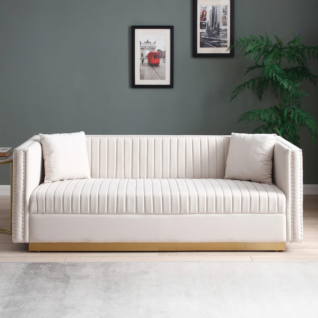 Velvet Loveseat Sofa with 2 pillows Tufted Couch, Upholstered Deep Seat Sofa Rivet Arm Lounge Couch for Living Room