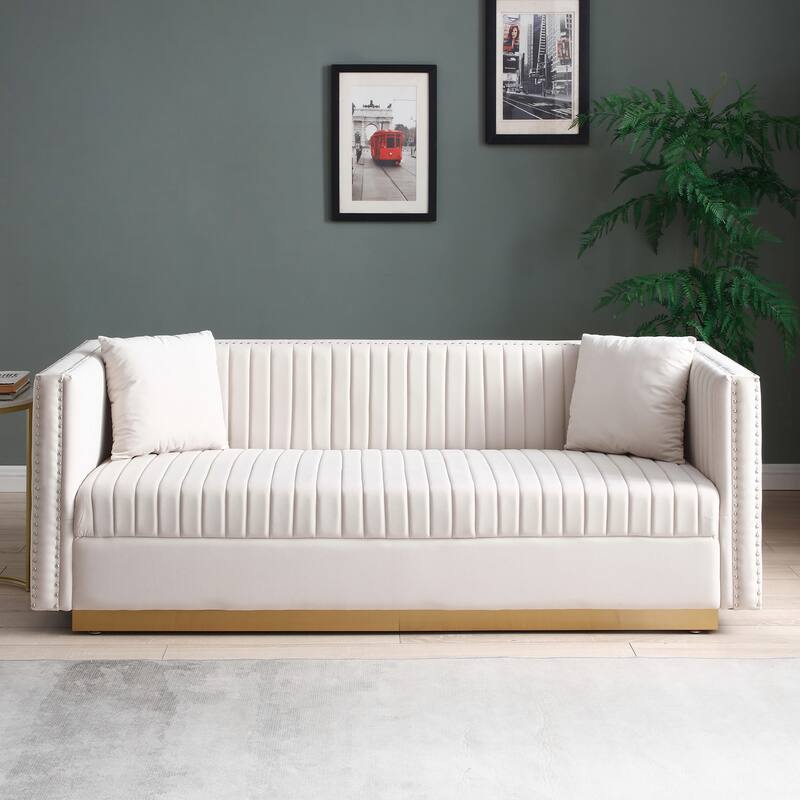 Velvet Sofa with Channel Tufting, Nailhead Trim - 3-Seater