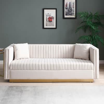 Velvet Sofa with Channel Tufting, Nailhead Trim - 3-Seater