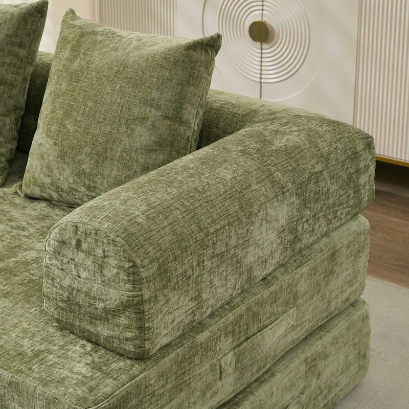 3-Tier Design Convertible Chenille Sofa Bed, Folding Sleeper Floor Sofa with Pillows, No-Assembly Modular Sofa Couch