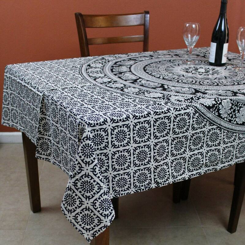 Cotton Elephant Floral Paisley Tablecloth 60x90 Blue Pink Black White - 55 x 85 inches - Black White