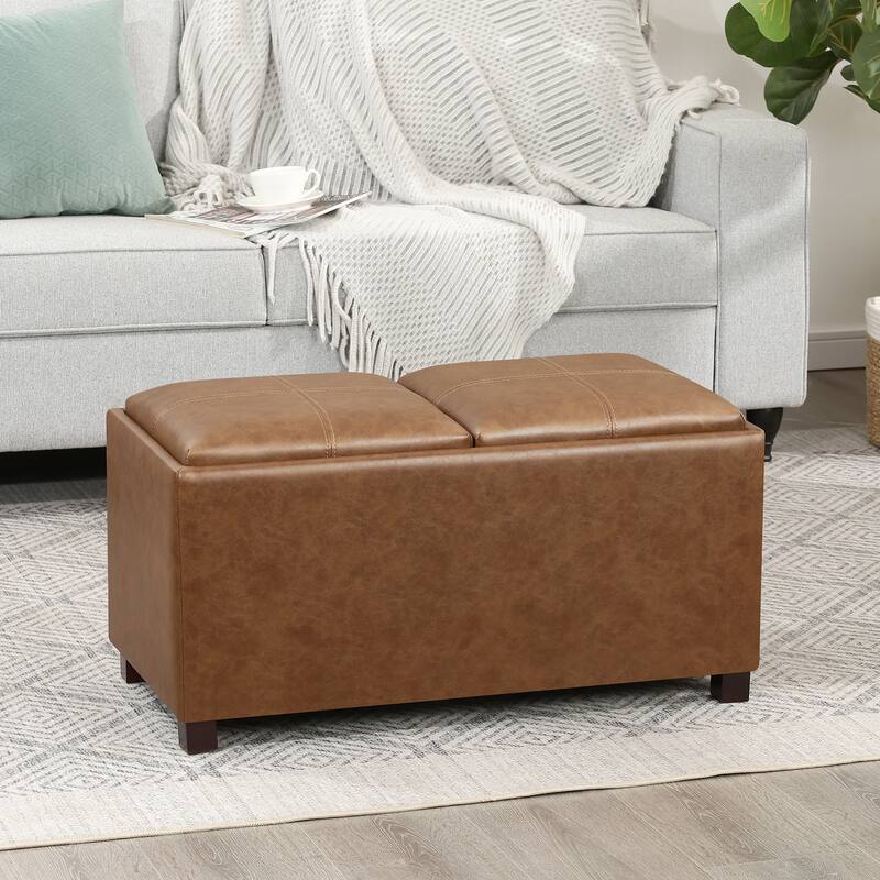 Adeco Rectangle Faux Leather Storage Ottoman with Dual Flip-Top Trays - 31.1"X15.4"X15.7