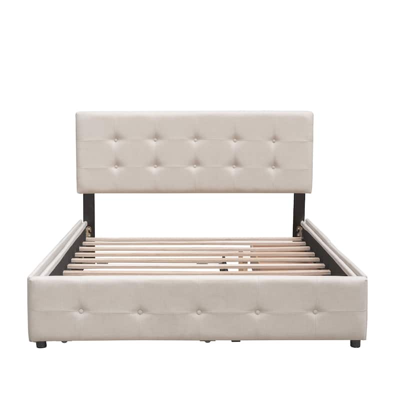 Linen Fabric Upholstered Platform Bed with 2 Drawers and 1 Trundle