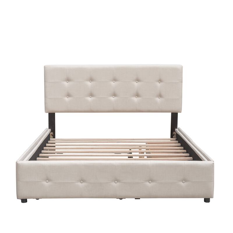 Queen Platform Bed with Button-Tufted Headboard, 2 Drawers & Twin XL Trundle