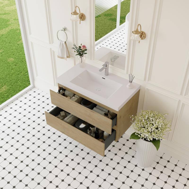 ABRUZZO 36" Floating Single Bathroom Vanity Wall-Mounted with Integrated Resin Top Basin 2 Soft Close Drawers Full Assembly