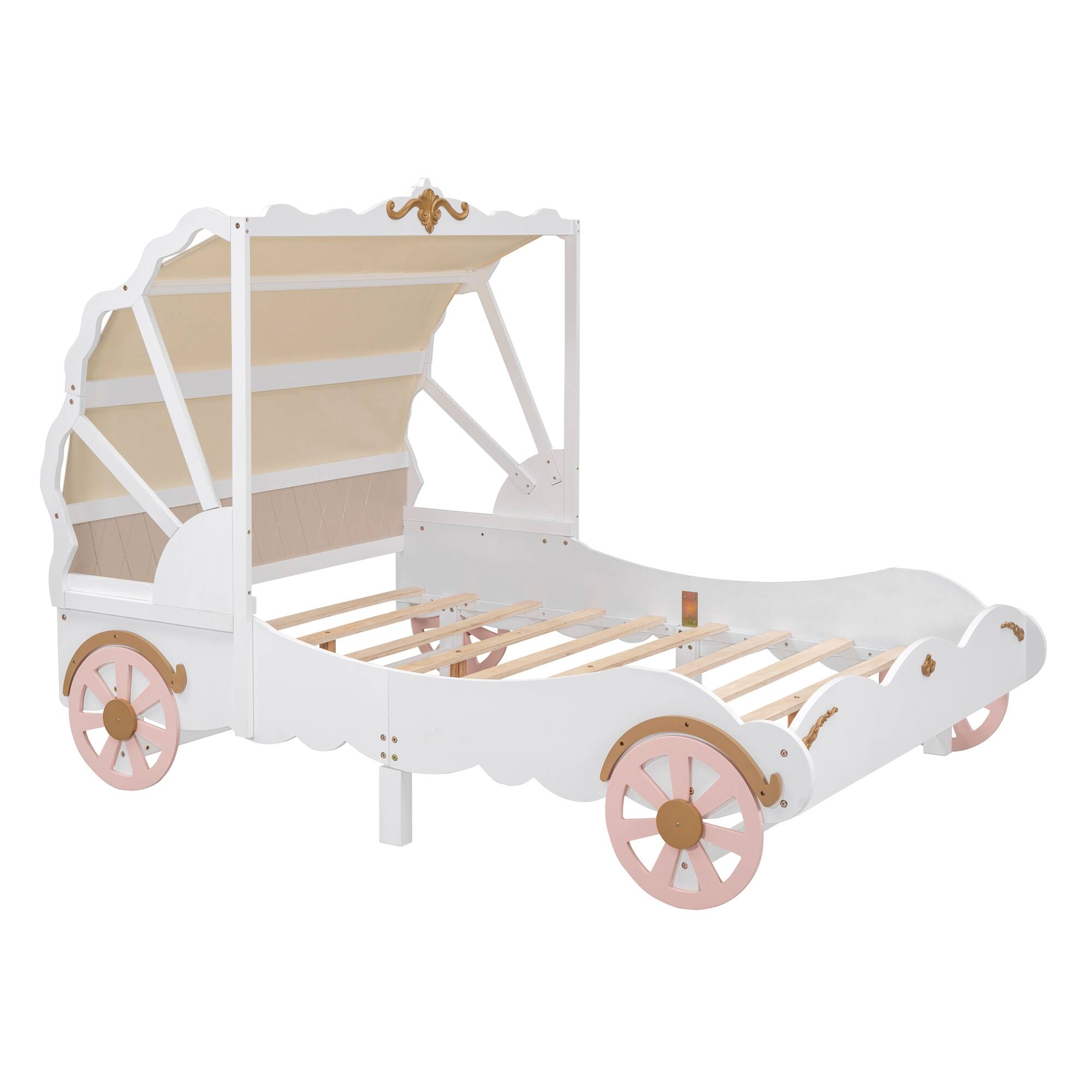 White+Pink Full Size Princess Carriage Bed, Canopy Wood Platform Car