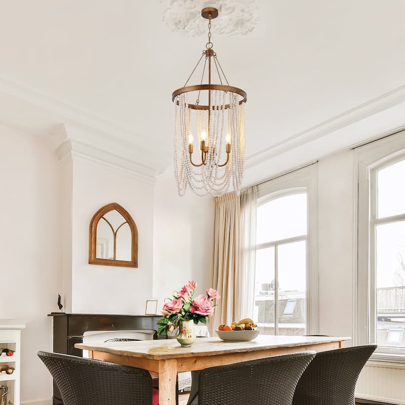 Renia Farmhouse Large 37.7inch 4-light Wood Beads Coastal Chandelier Antique Gold Light for Dining Room Bedroom Entryway