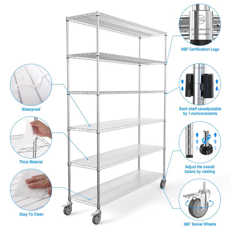 Adjustable Height 6 Tier Metal Wire Shelving Unit with Wheels