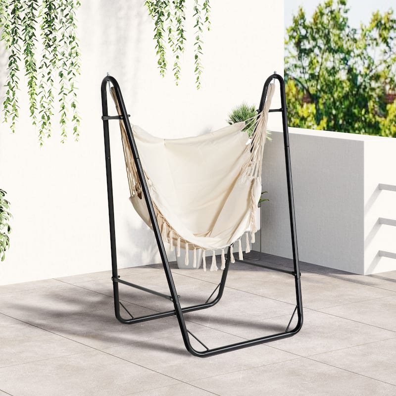 Outsunny Patio Hammock Chair with U Shape Stand, Outdoor Hammock Swing Hanging Lounge Chair with Side Pocket, Black/Cream White - Black