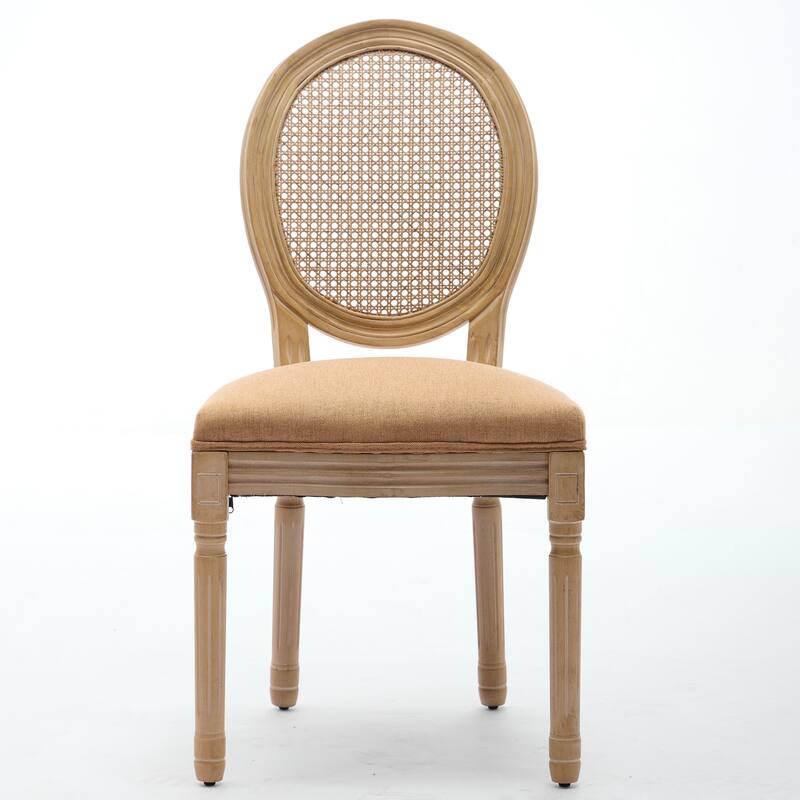 French Style Solid Wood Frame Upholstered Dining Chairs Set of 2, Antique Accent Chairs with Linen or Rattan Back