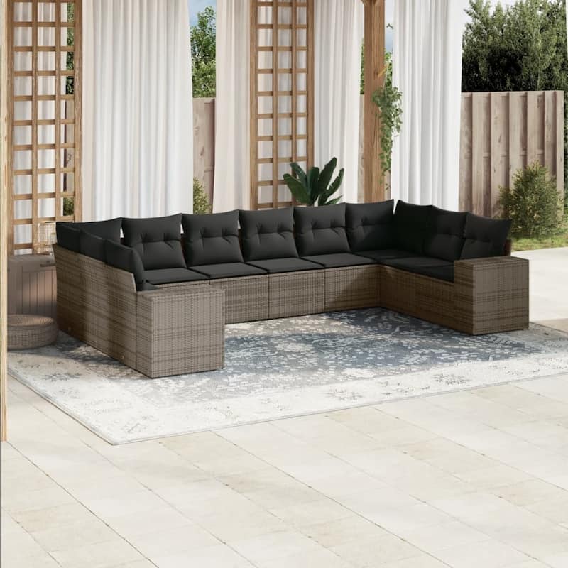 vidaXL Patio Sofa Set with Cushions Outdoor Conversation Furniture Poly Rattan - Gray 10pcs - 24.4 x 32.7 x 27.2