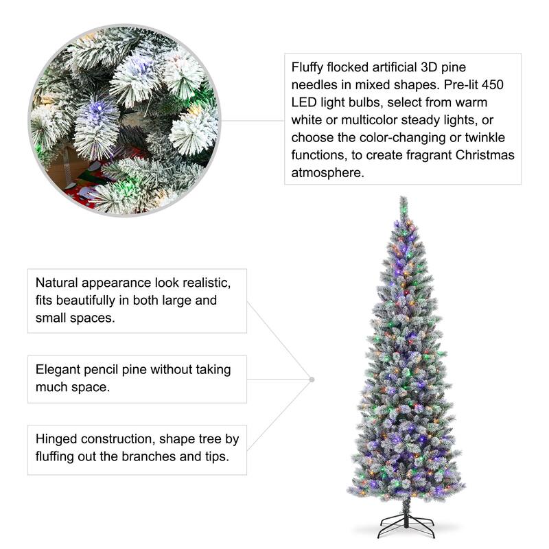Glitzhome 6FT/7.5FT/9FT Warm White or Multi-Colored Pre-Lit Flocked Pine Artificial Christmas Tree