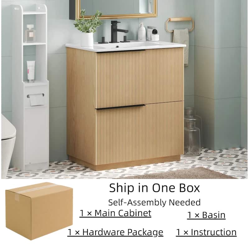 30" Bathroom Vanity with Ceramic Sink, Full-Extension Drawers, Soft-Close Undermount Slides, Fluted Design