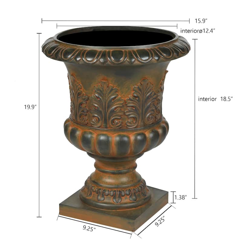 Handmade Weathered Brown Fiber Stone Tall Urn Planter Pots - 19.9" H x 15.9" Diameter