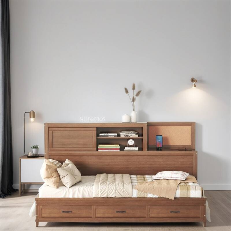 Twin Size Wooden Daybed with Drawers,A Set of Sockets and USB Ports - Brown
