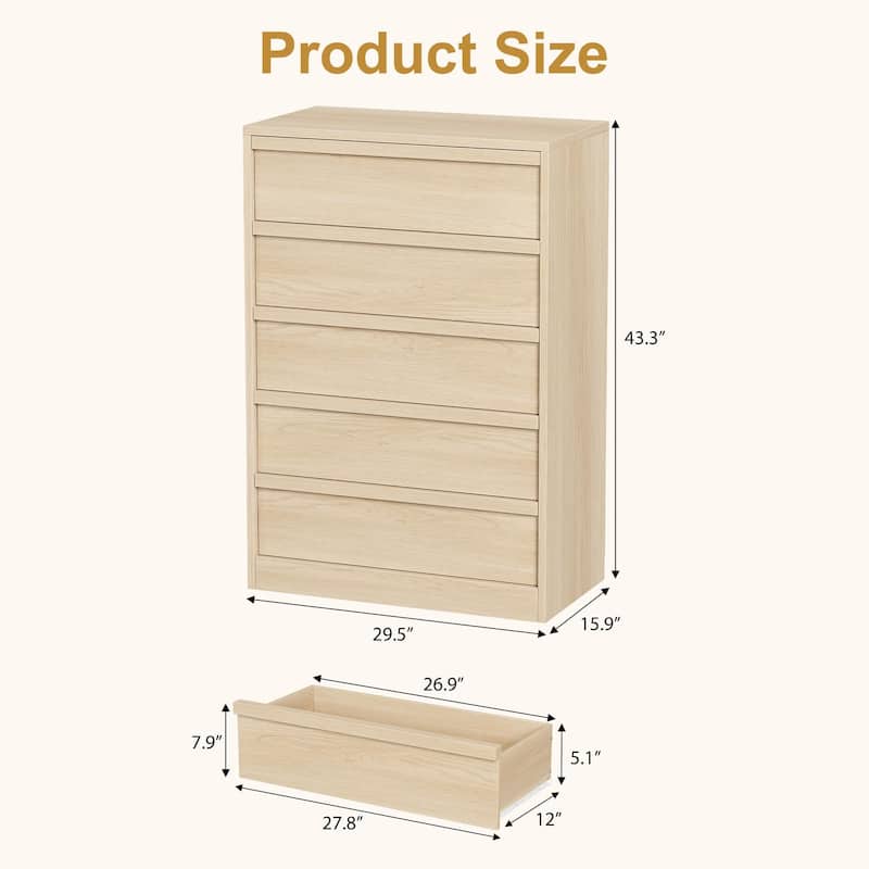 5 Drawer Dresser for Bedroom, Freestanding Wooden Chest Storage