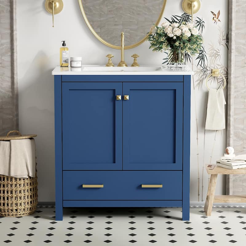 GDFStudio - Aurora Wood Bathroom Vanity Set with Ceramic Sink and Divided Drawers - 30" - Blue