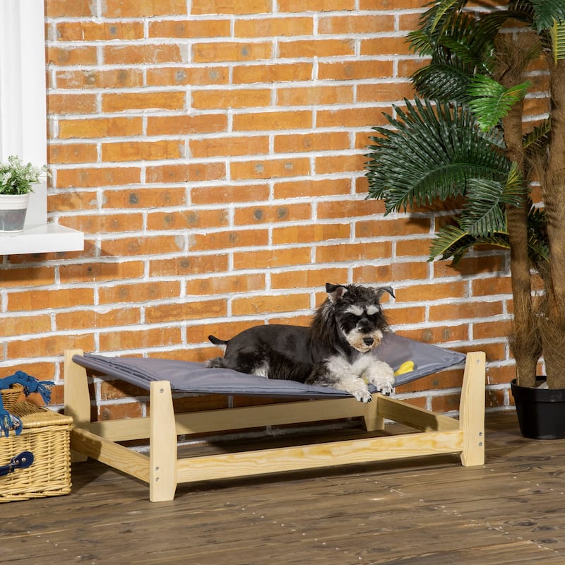 PawHut Raised Pet Bed Wooden Frame Dog Cot with Washable Cushion for Small Medium Sized Dogs Indoor Outdoor