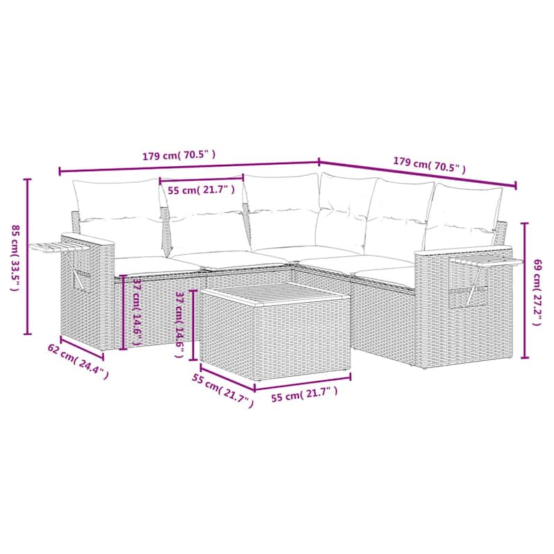 vidaXL 5 Piece Patio Sofa Set with Cushions Black Poly Rattan