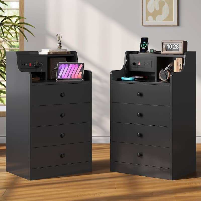 Nightstand with Drawers Charging Station End Side Table with Hutch