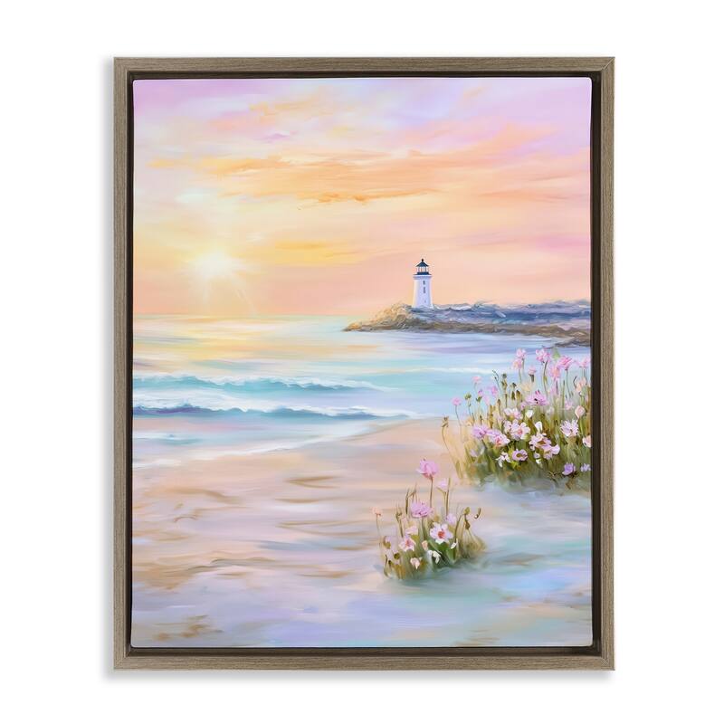 Stupell Warm Sunrise with Distant Lighthouse Framed Floater Canvas Wall Art Design By Arlington Prints - 25 x 31 - Brown