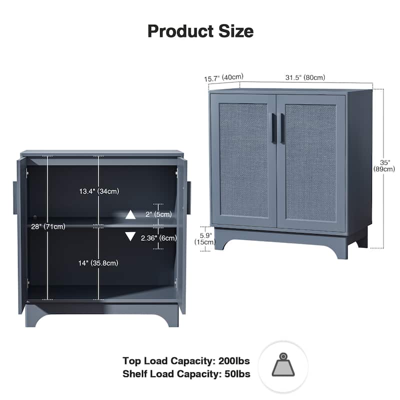 Anmytek Modern 2-Door Black Buffets Sideboards Rattan Kitchen Storage Cabinet with Adjustable Shelf - 31.5" W x 15.7" D x 35" H