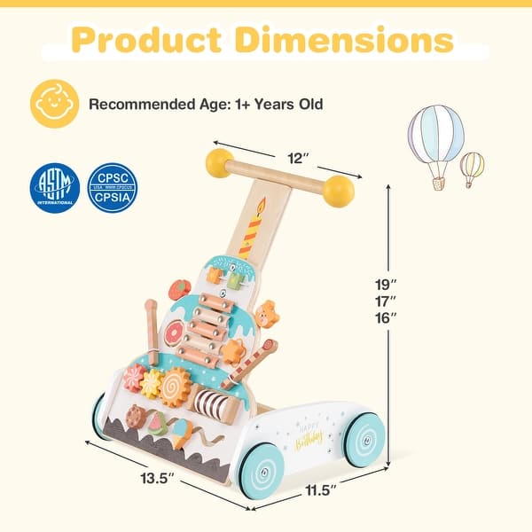 MDF Wooden Kids Walker with Xylophone, Adjustable Handle and Activity Toys - 11.5" L x 13.5" W x 16" H