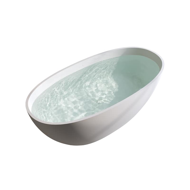 Premium Solid Surface Freestanding Soaking Bathtub with Center Drain and Pop-up Drain, Modern Matte White Tub with Overflow