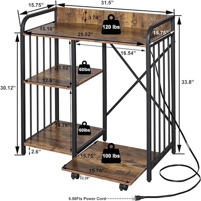 Printer Stand,3-Tier Lateral Office Filing Shelves with Socket and USB Charging Port - 31 x 15.7 x 33.8 inches