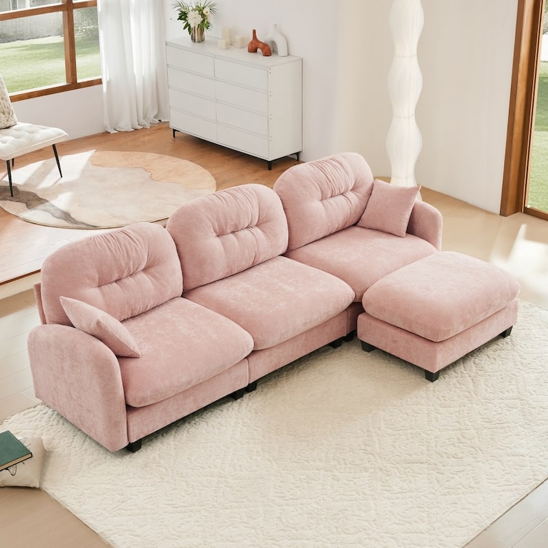 3-seat Chenille Modular Upholstered Convertible Sectional Sofa with Ottoman