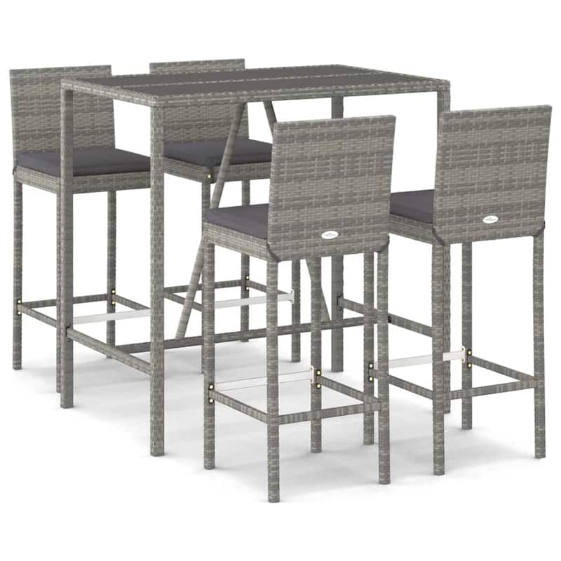 vidaXL 5 Piece Patio Bar Set with Cushions Black Poly Rattan - 15.7" x 17.3" x 42.5"
