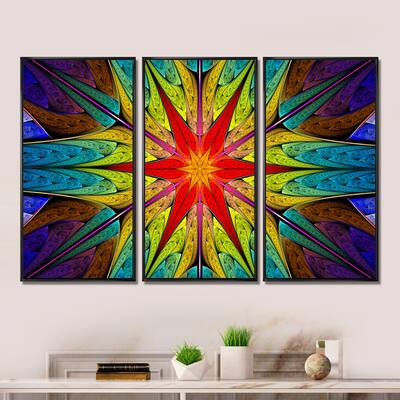 Designart 'Stained Glass with Bright Red Star' Abstract Framed Art Set of 3 - 4 Colors of Frames