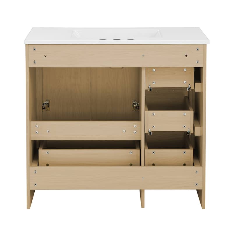 Virage 36 In. Brown Oak Bathroom Vanity With White, 3-Hole Ceramic Sink Top