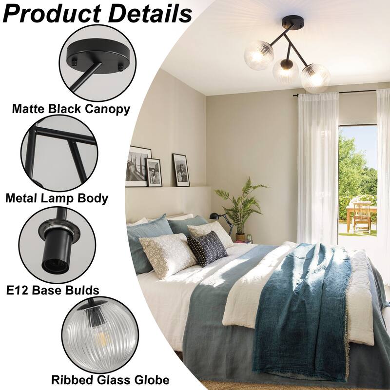 Modern 3-Light Semi-Flush Mount Light with Ribbed Glass Shades