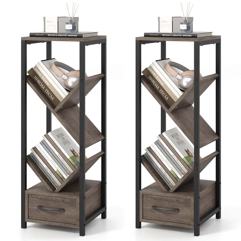 4-Tier Floor Standing Bookcase Wood Tree Bookshelf w/ Drawer - 2 pcs