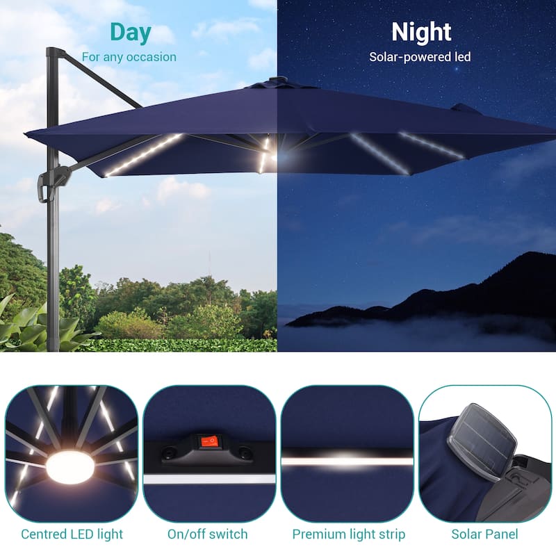 BONOSUKI 10x10FT LED Cantilever Patio Umbrella Angle Adjustment w/Base