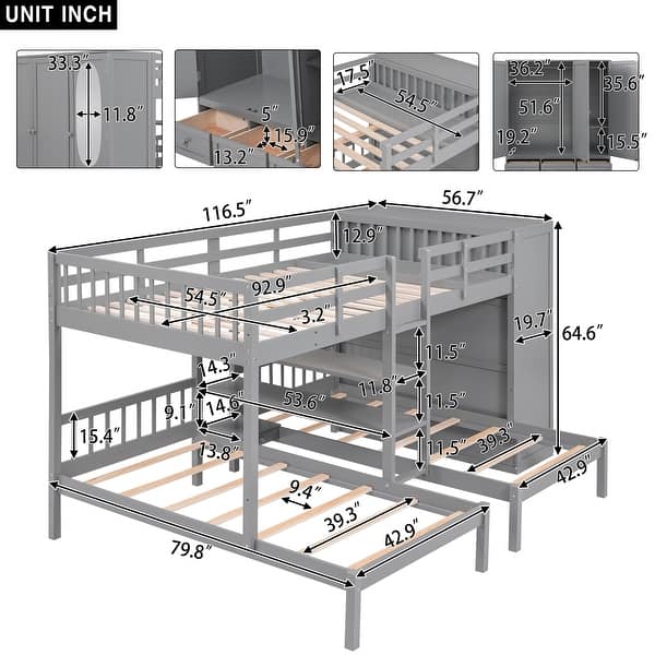 dimension image slide 1 of 3, Minimalist Design Full-Over-Twin-Twin Bunk Bed with 3 drawers,Shelves, Wardrobe and Mirror,Store Books,Display Decorations