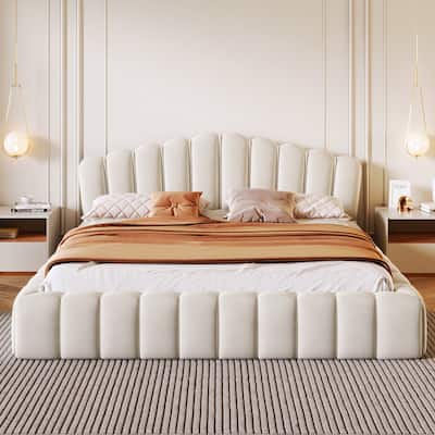 Velvet Upholstered Queen BED Frame Shell-Shaped Headboard for Bedroom,No Box Spring Needed,Beige